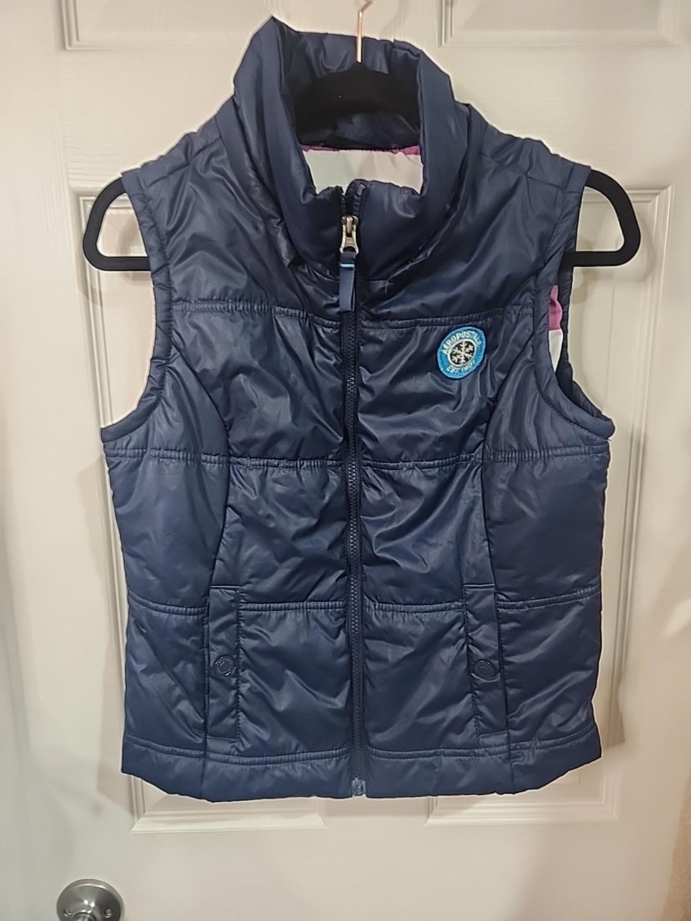 Aeropostale Navy Blue Puffer Vest Women’s M Striped Lining Preppy Y2K